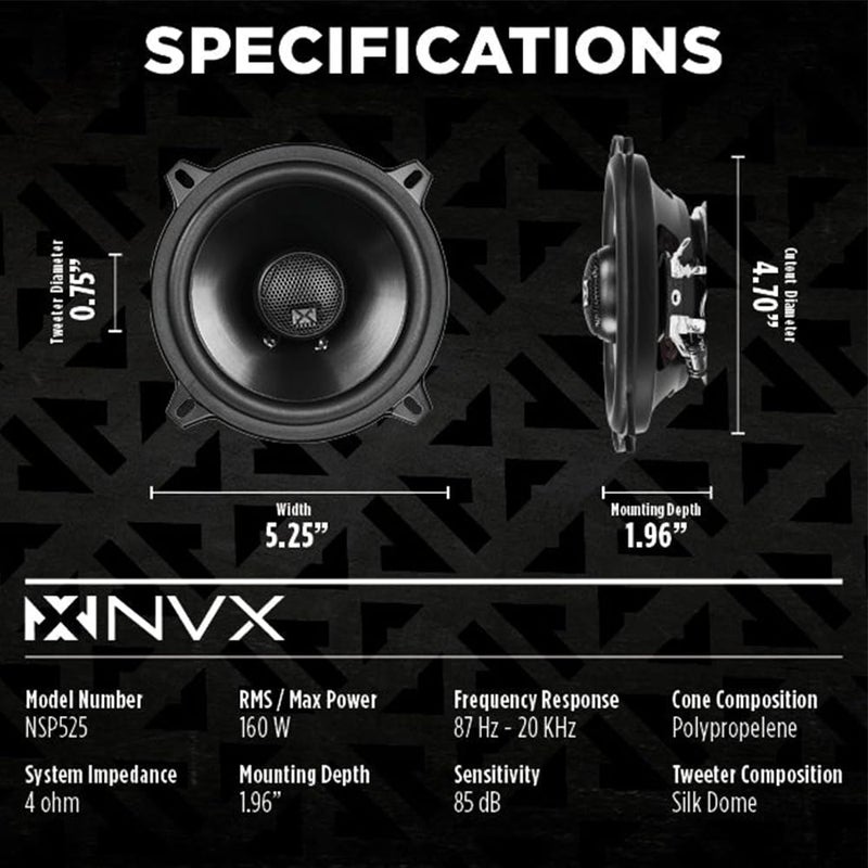 NVX NSP525 5.25" Car Speakers, 480W Max, 160W RMS, 2-Way Coaxial w/Silk Dome Tweeters & Built-in X-Overs, Easy to Install in Cars/Trucks/Doors (Pair) - Image 3
